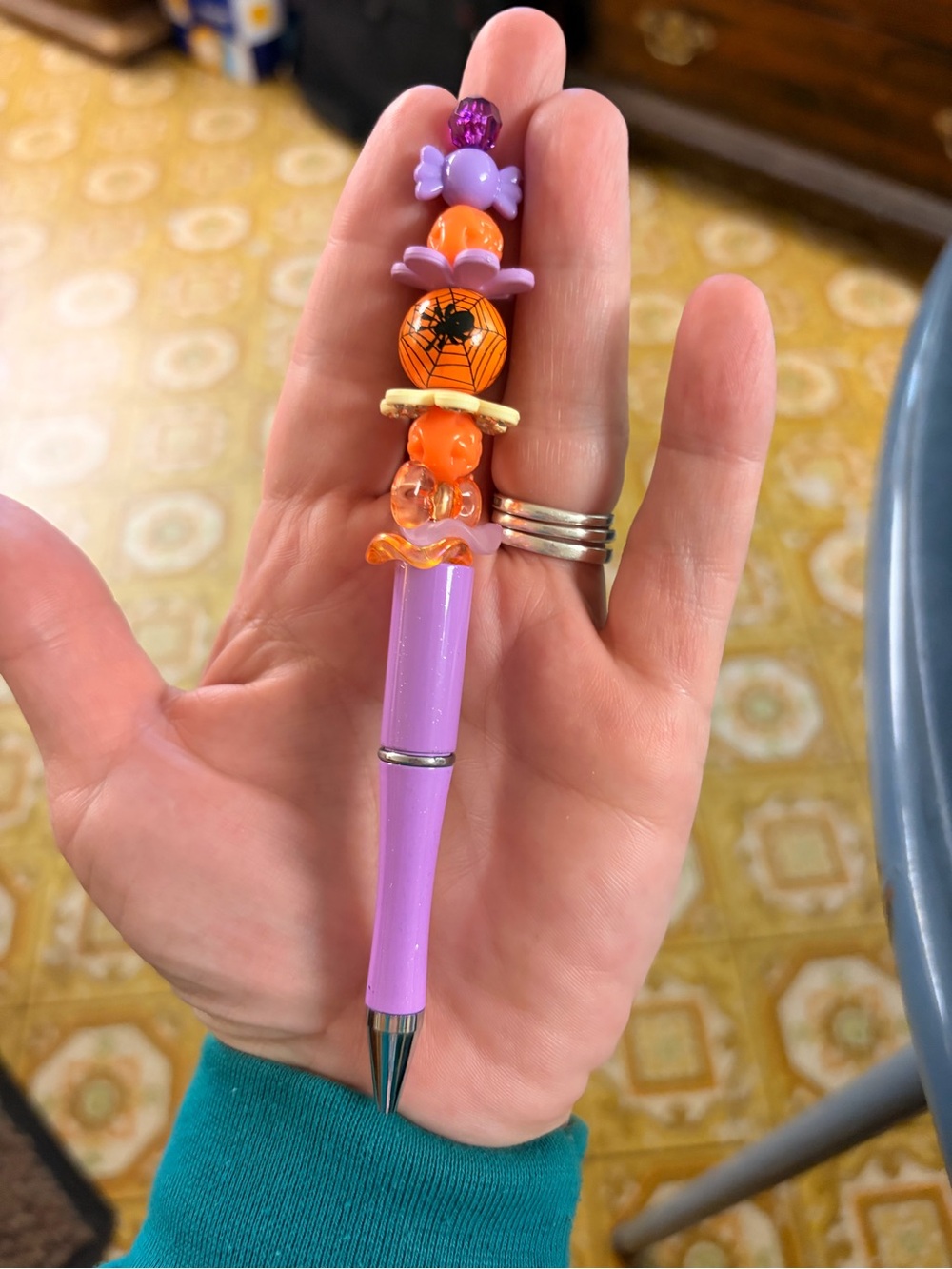 Purple Beaded Kids Pen with Orange Halloween Charms - Unbranded